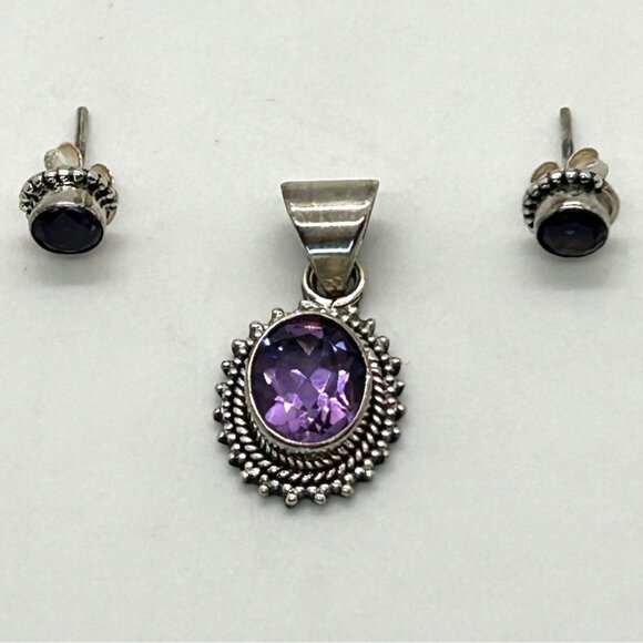 Estate Jewelry - Sterling Silver Amethyst Pendant Earrings Set February Birthstone Minimalist